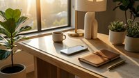 Minimalist wooden desk setup with laptop, books, and potted plants in warm sunlit home office interior for productivity and workspace design.
