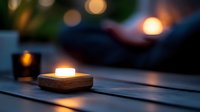 Glowing candle in wooden holder on rustic table creates cozy atmosphere with soft bokeh lights in background, evening meditation and relaxation setting.