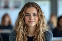 Young blonde woman with natural wavy hair and bright smile wearing gray sweater in office environment, looking directly at camera with confident expression.