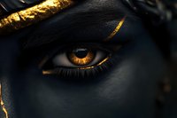 Mesmerizing golden eye with black face paint and metallic gold accents creates dramatic contrast for fashion, beauty, and artistic projects.