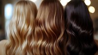 Three women showing different hair colors and textures from blonde to brunette to black with flowing wavy styles in salon setting for beauty treatments.