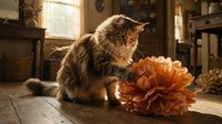 Fluffy tabby cat sitting beside large orange dahlia flower in cozy rustic kitchen interior with warm sunlight streaming through window.