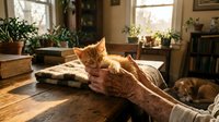 Ginger tabby cat stretching on wooden table in sunlit living room with potted plants and windows, relaxed pet enjoying natural light indoors.