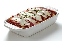 Fresh homemade lasagna layered with melted mozzarella cheese, marinara sauce and herbs in white ceramic baking dish against bright background. Great for recipe content.