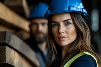Confident female construction worker in blue hard hat and safety vest with determined expression, male coworker in background at industrial site.