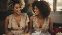 Two young African American women with natural curly hair enjoying coffee and conversation at cafe, sharing genuine laughter and friendship moment in warm ambient lighting.