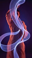 Woman with long hair in profile, wearing flowing red-orange fabric, surrounded by swirling blue and purple neon light trails creating dynamic motion effect against dark background for artistic design projects.