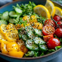Fresh colorful salad bowl with yellow bell peppers, cherry tomatoes, cucumber slices, and microgreens topped with sesame seeds in vibrant arrangement.