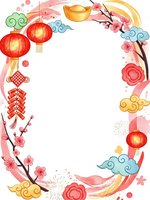 Festive oval frame with red lanterns, cherry blossoms, gold ingots and traditional decorations on white background for celebration designs.