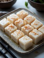 Square pieces of steamed rice cake topped with sesame seeds and spices served on rustic ceramic plate, traditional Asian cuisine appetizer for restaurant menu.