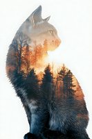 Double exposure silhouette of cat with forest sunset landscape inside, creating surreal nature-inspired animal art for wall decor.