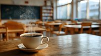 Steaming coffee cup on wooden desk in empty classroom with chalkboard and student desks in background, perfect for education themes.