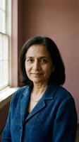 Professional mature South Asian businesswoman in blue blazer smiling confidently by office window for corporate headshot and business portrait photography.