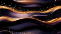 Magical flowing waves of gold glitter and purple swirls on black background create ethereal cosmic pattern with sparkling stardust effect for luxury design projects.