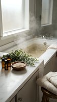 Luxurious spa bathroom with steaming bathtub, eucalyptus branches, essential oil bottles, sea salt bowl and fluffy towels for relaxation and wellness.