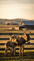 Donkey and foal standing by wooden fence on rural farm with barn and rolling hills in golden sunlight, suitable for agricultural and livestock content.