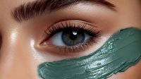 Close-up of blue eye with long eyelashes and metallic green cosmetic cream smear on cheekbone showing luxury skincare or makeup product texture.