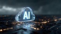 Glowing AI cloud symbol over digital circuit landscape with dark dramatic sky, representing cloud computing and artificial intelligence technology.