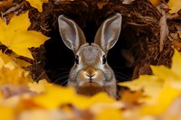 Curious wild rabbit peering from burrow surrounded by vibrant yellow autumn leaves and fallen foliage, close-up portrait showing detailed fur and alert ears.