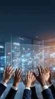 Business professionals reaching toward holographic network interface displaying connected nodes and data visualization in modern office environment.