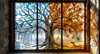 Stained glass window featuring tree with seasonal transition from winter blue branches to autumn orange leaves in three panels.