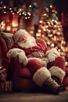 Elderly man in traditional red holiday costume sleeping in armchair with decorated tree and bokeh lights creating cozy festive atmosphere.