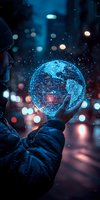 Bearded man holding glowing digital Earth hologram against dark night city background with bokeh lights and magical particle effects. For technology concepts.