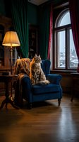 Fluffy tabby cat sitting on elegant blue velvet armchair in luxurious library interior with green curtains, warm lighting and wooden floors for home decor.