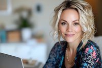 Blonde woman with wavy hair, Caucasian ethnicity, wearing a colorful patterned cardigan, smiling at camera while working on laptop in bright home office environment.