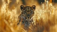 Young leopard cub with intense blue eyes peering through golden grass at sunset, wild predator in natural habitat showing hunting behavior in warm autumn light.