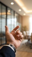 Hand gesture showing peace sign or victory symbol in modern office environment with glass partitions and warm lighting.