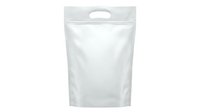 White blank stand up pouch with handle isolated on transparent background for product packaging mockup and branding design projects.