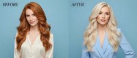 Hair transformation before and after showing woman with long red curly hair becoming platinum blonde with straight styling for beauty salon marketing.