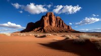 Dramatic red rock mesa rising from golden desert sand dunes under blue sky with white clouds in southwestern landscape for travel and nature concepts.