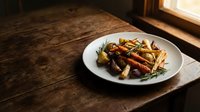 Roasted root vegetables with herbs served on white plate against rustic wooden table, suitable for restaurant menus and food blogs.