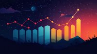 Growing financial chart with gradient columns and line graph against night sky with moon and stars over mountain landscape background for business analytics.