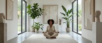Woman with dark curly hair, medium skin tone, sitting in lotus position on light carpet in minimalist interior with potted plants, white walls, and natural light from large windows, meditation and wellness concept.