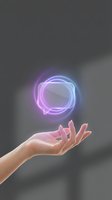 Hand holding glowing neon orb with purple and blue light effects against gray background. Futuristic technology concept for innovation, energy, and digital transformation designs.