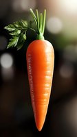 Fresh orange carrot with green leaves and stems on dark background with bokeh lights, close-up macro photography showing texture and natural details.