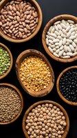Assorted legumes and beans in wooden bowls on dark background for healthy cooking and nutrition concepts.