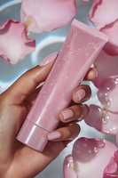 Female hand with pink manicure holding cosmetic tube against soft rose petals background. Gentle skincare product packaging in pastel pink with water drops.