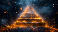 Mystical glowing golden stairway ascending into dark starry sky with magical particles and fog creating supernatural atmospheric scene. Suitable for fantasy concepts.