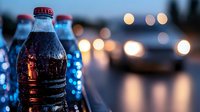 Carbonated cola beverage bottles with condensation on glass, displayed with bokeh lighting effects and blurred background for advertising and beverage marketing campaigns.
