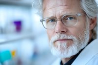 Senior Caucasian male doctor with white beard and glasses in medical laboratory environment for healthcare and research concepts.