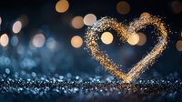 Glowing heart shape created with golden sparkles and light trails against dark blue bokeh background with glitter, romantic holiday concept for valentines day.
