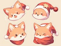 Adorable kawaii fox faces wearing winter accessories and santa hats on beige background, cute cartoon animal expressions for seasonal greeting cards and stickers.