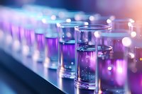 Laboratory test tubes with purple glowing liquid and bokeh lights in scientific research facility, macro photography showing chemical analysis process.