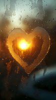 Heart shape drawn on foggy window glass with warm sunset light shining through water droplets creating romantic atmosphere for love concepts.