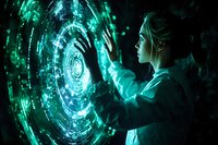 Young woman interacting with glowing green holographic interface, futuristic circular display with digital elements in dark environment, science fiction concept.