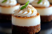 Mini chocolate cheesecake topped with whipped cream, cookie crumbs and fresh mint leaf garnish on dark background, macro food photography for dessert menu.